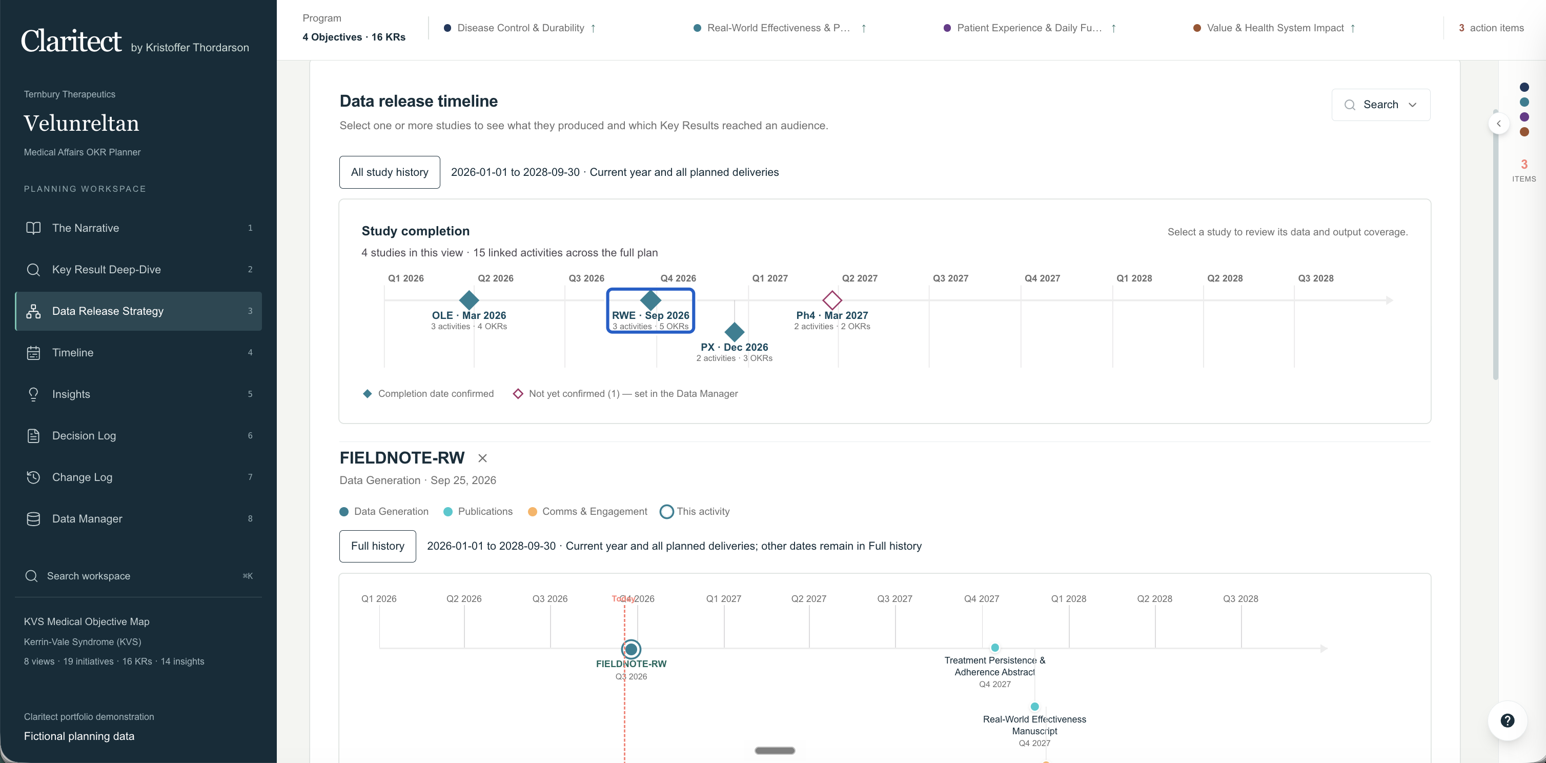 Medical Planning Platform interface with navigation, study selection and data release timelines — fictional demonstration data